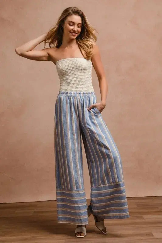 BiBi Striped Wide Leg Pants with Pockets for Women - Love Salve